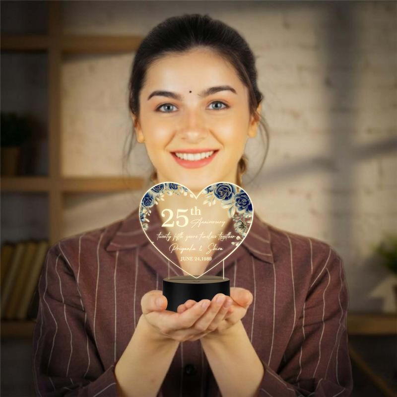 Personalized 25th Anniversary Acrylic LED Lamp with UV Print – Custom Names & Date Silver Jubilee Gift Warm White Light